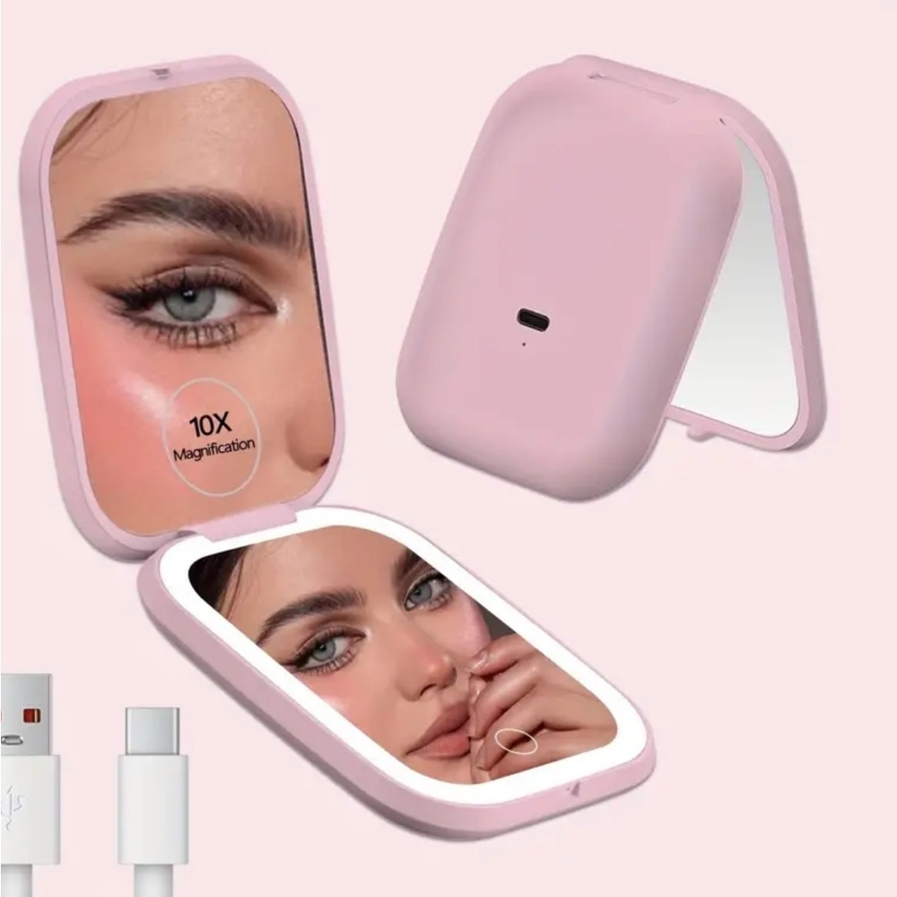 Compact Makeup Mirror 10X Magnification Portable LED Pink